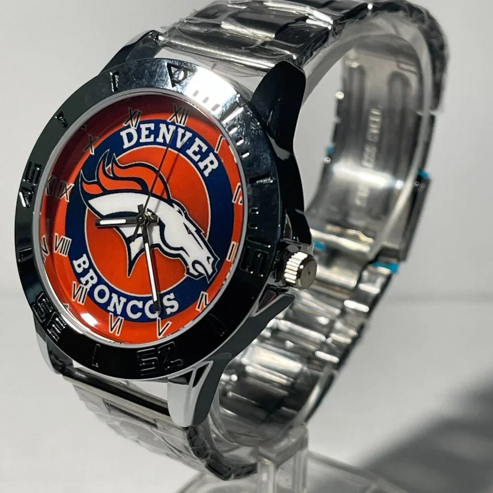 DENVER BRONCOS NFL Team Logo Men's Stainless-Steel Silver Watch NEW